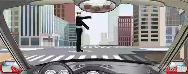 交通警察发出这种手势信号时允许在路口向右转弯。