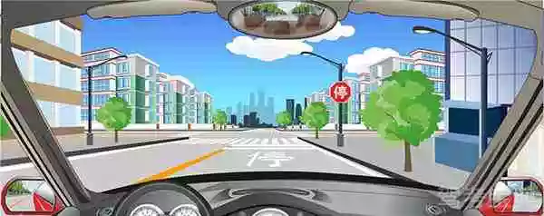 驶近一个图中所示的路口时，必须先停车，再重新起步通过路口。