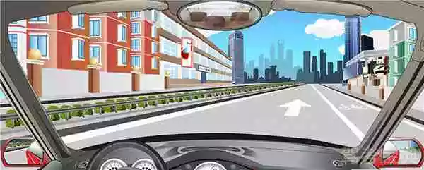 道路右侧白色实线标示机动车道与人行道的分界线。